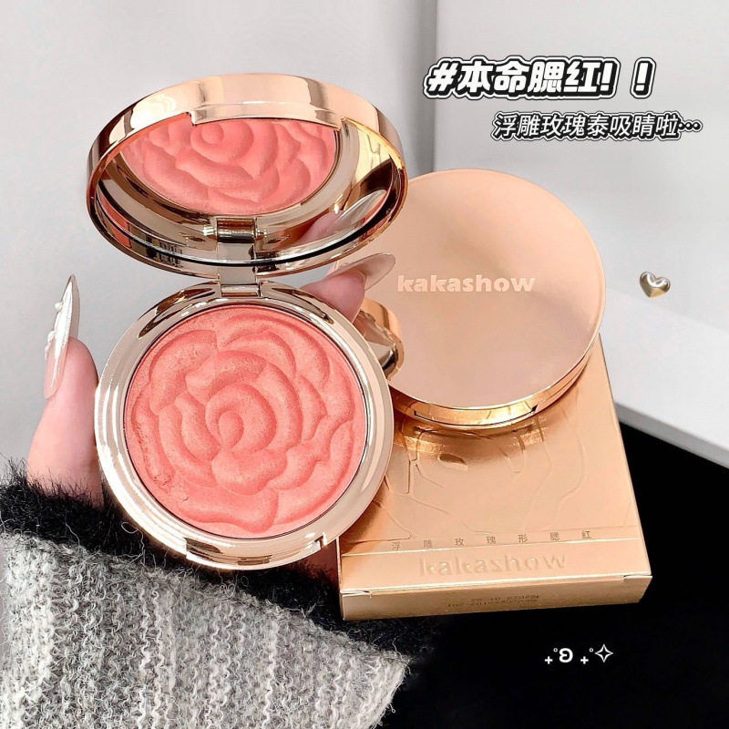 kakashow浮雕玫瑰形腮红细腻提亮高光气色哑光单色玫瑰花瓣腮红