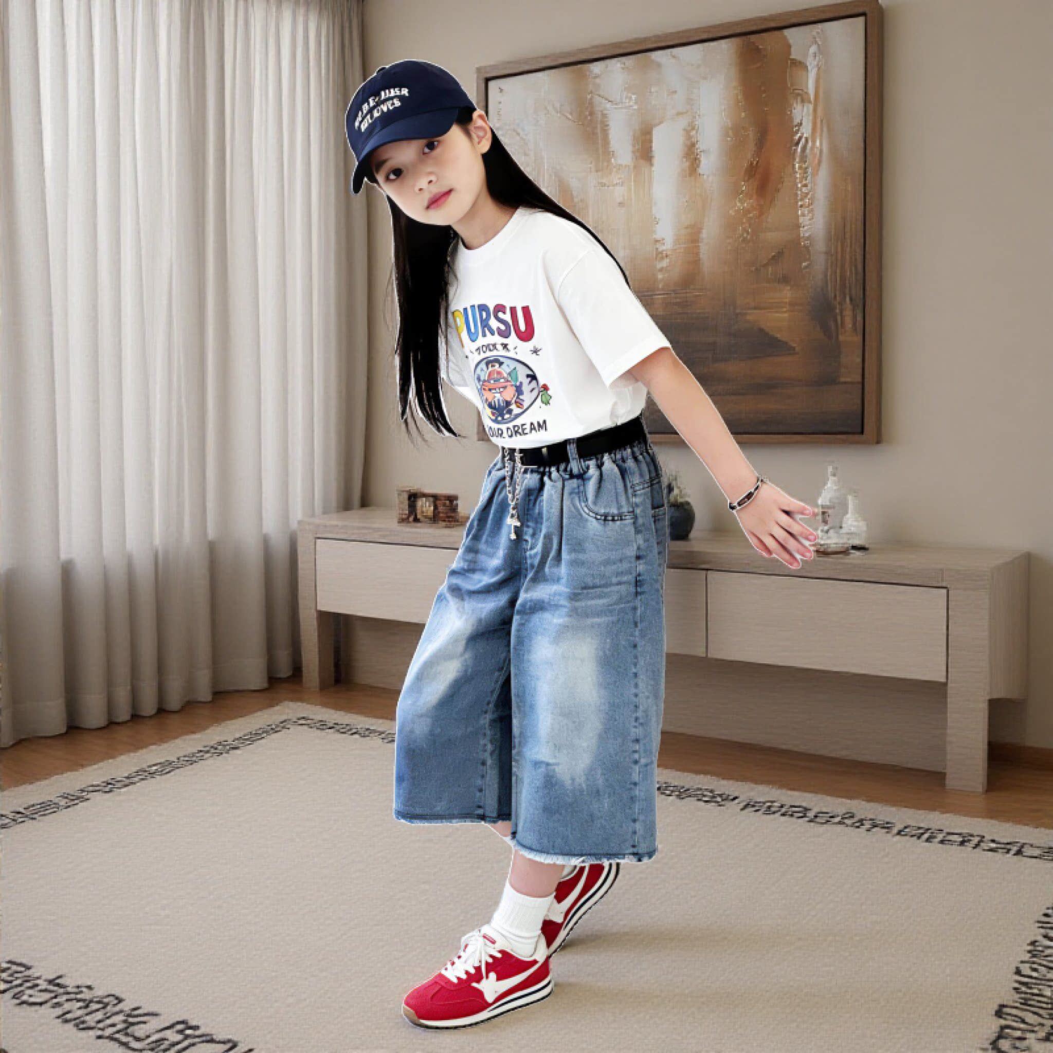 女童牛仔七分阔腿裤夏季洋气