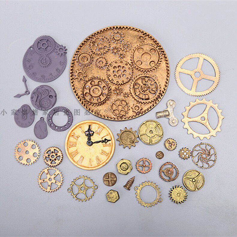 男生工业风发条钟表大小齿轮蒸汽朋克翻糖模具硅胶模烘焙蛋糕装饰