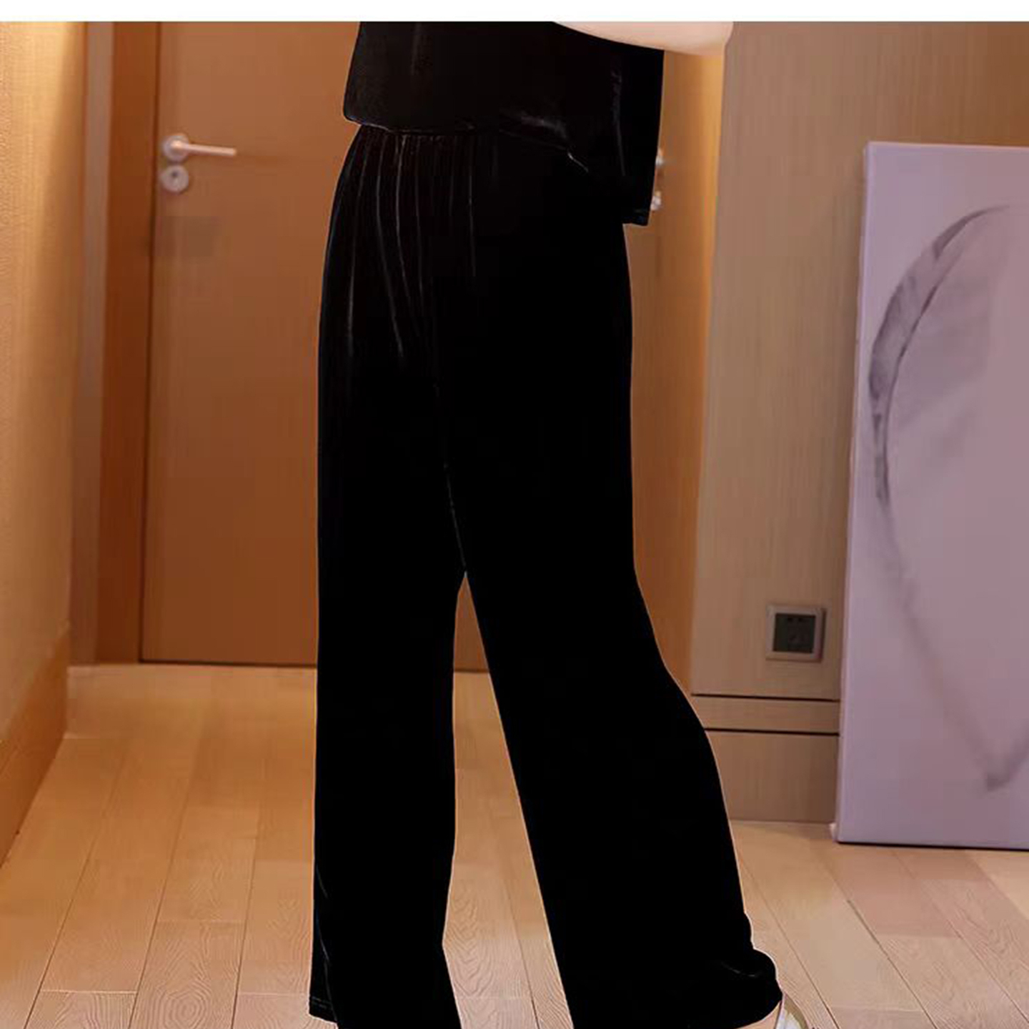 2025黑色真丝桑蚕丝裤子秋季宽松休闲垂感直筒阔腿裤复古女长裤H