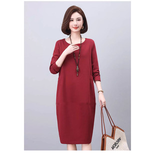 宽松休闲遮肚中长高端本命年酒红 直筒连衣裙2025秋冬季 大码 女装