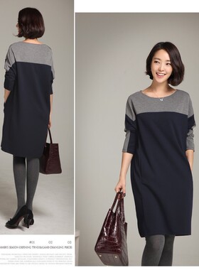 春秋加大码高端欧美简约长袖职业装弹力纯棉拼色时尚中长款连衣裙