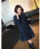 时尚 长袖 修身 弹力圆领中长款 秋季 新品 大码 女装 荷叶边A字连衣裙