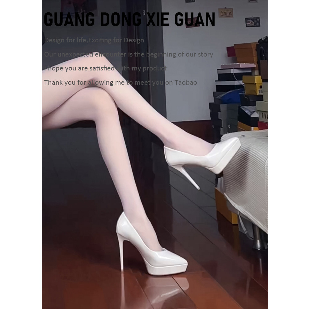 白色防水台高跟鞋女走秀2026年新款春季12cm漆皮礼仪细跟尖头单鞋