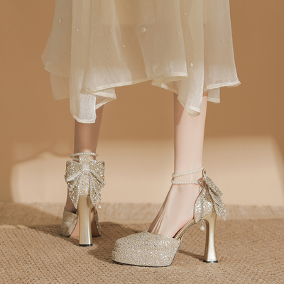 玛丽珍婚鞋女粗跟中空水晶高跟鞋