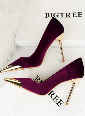 2025春秋新款欧美宴会时尚轻奢高跟鞋女细跟金属尖头绒面性感单鞋