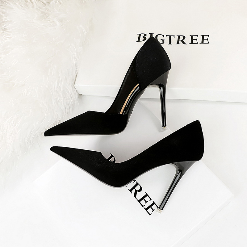 绒面黑色高跟鞋尖头细跟职业单鞋