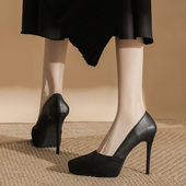 女12CM细跟浅口职业工作单鞋 2026年新款 黑色尖头防水台恨天高跟鞋