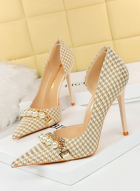 小众侧空高跟鞋2025春季新款尖头法式单鞋千鸟格气质名媛细跟女鞋