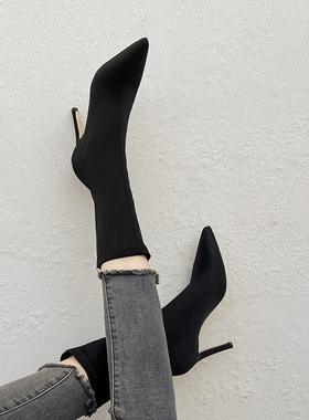 ins网红瘦瘦中筒袜鞋高跟细跟弹力女短靴尖头2025秋冬单靴子黑色