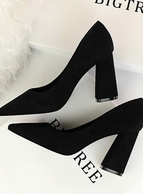 韩版2025春秋季新款女鞋黑色高跟鞋粗跟尖头百搭中跟职业浅口单鞋