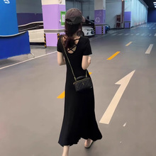 韩系黑色镂空后背短袖连衣裙女夏季辣妹U领收腰显瘦中长款a字
