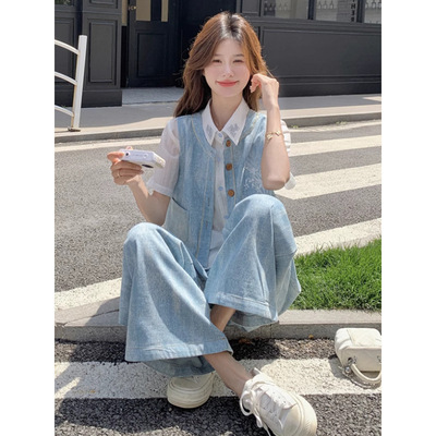 浅蓝色小清新刺绣牛仔套装夏季学院风气质减龄马甲衬衫裤子