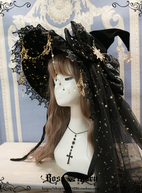 原创 *极夜星空*5色 烫金水钻华丽魔女帽 Lolita黑金巫师帽万圣节