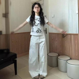 原宿风学院休闲 青骊 2025新款 港风字母花朵白色纯棉短袖 t恤女夏季
