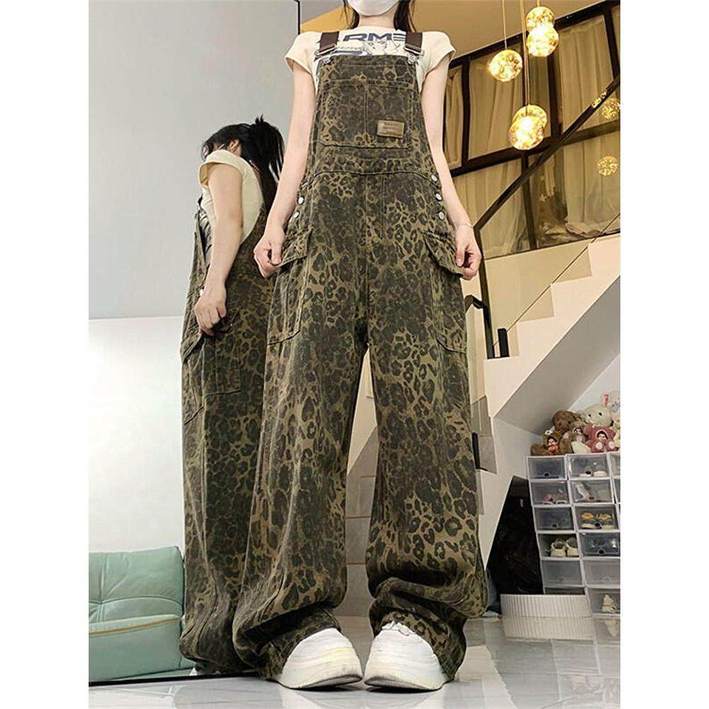 美式大码hiphop嘻哈豹纹背带裤女秋冬新款辣妹宽松bf慵懒风拖地裤