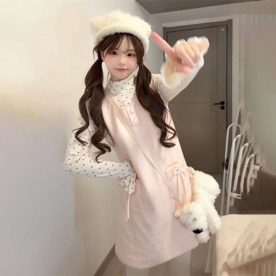 日系甜美小个子粉色蝴蝶结毛呢背心裙女叠穿波点高领打底两件套装,女装/女士精品,时尚套装,淘宝优惠券,粉丝福利购,淘宝优惠卷