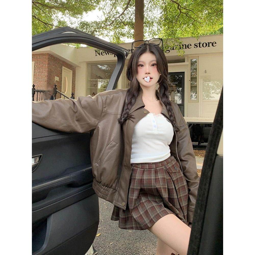 高级感美式复古PU皮长袖外套女秋季宽松显瘦气质咖色夹克机车服,女装/女士精品,皮衣,淘宝优惠券,粉丝福利购,淘宝优惠卷