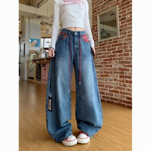 潮牌宽松休闲弯刀裤 男女款 复古格子口袋拼接设计感水洗牛仔裤 美式