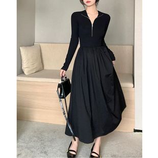 小众气质高级感长袖连衣裙2026秋显瘦黑色a字裙冬天配大衣打底裙
