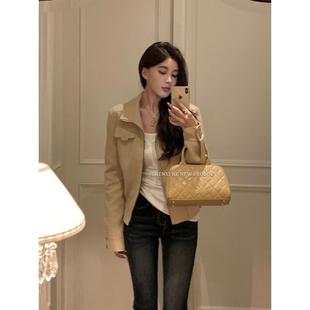 高级感美式复古鹿皮绒短款外套女秋季甜酷休闲百搭立领机车服夹克