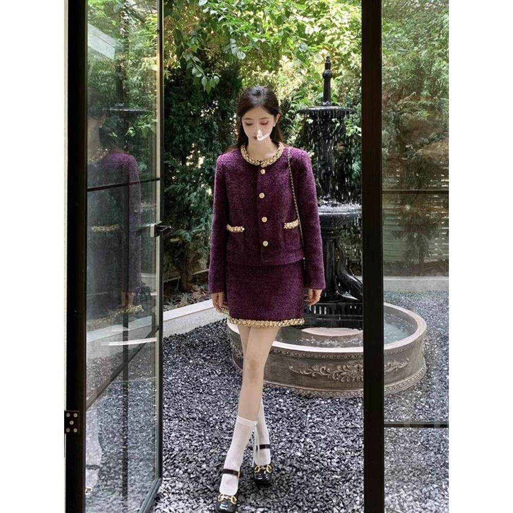 2026年秋千金紫色小香风套装裙女高级感短外套气质名媛两件套,女装/女士精品,时尚套装,淘宝优惠券,粉丝福利购,淘宝优惠卷