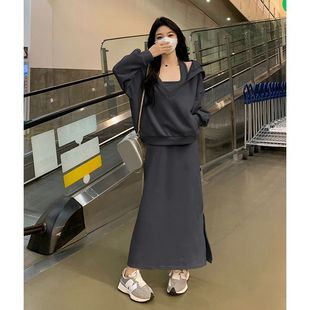 秋季新款洋气减龄显瘦套装女大码卫衣遮肉两件套连衣裙子胖MM女装