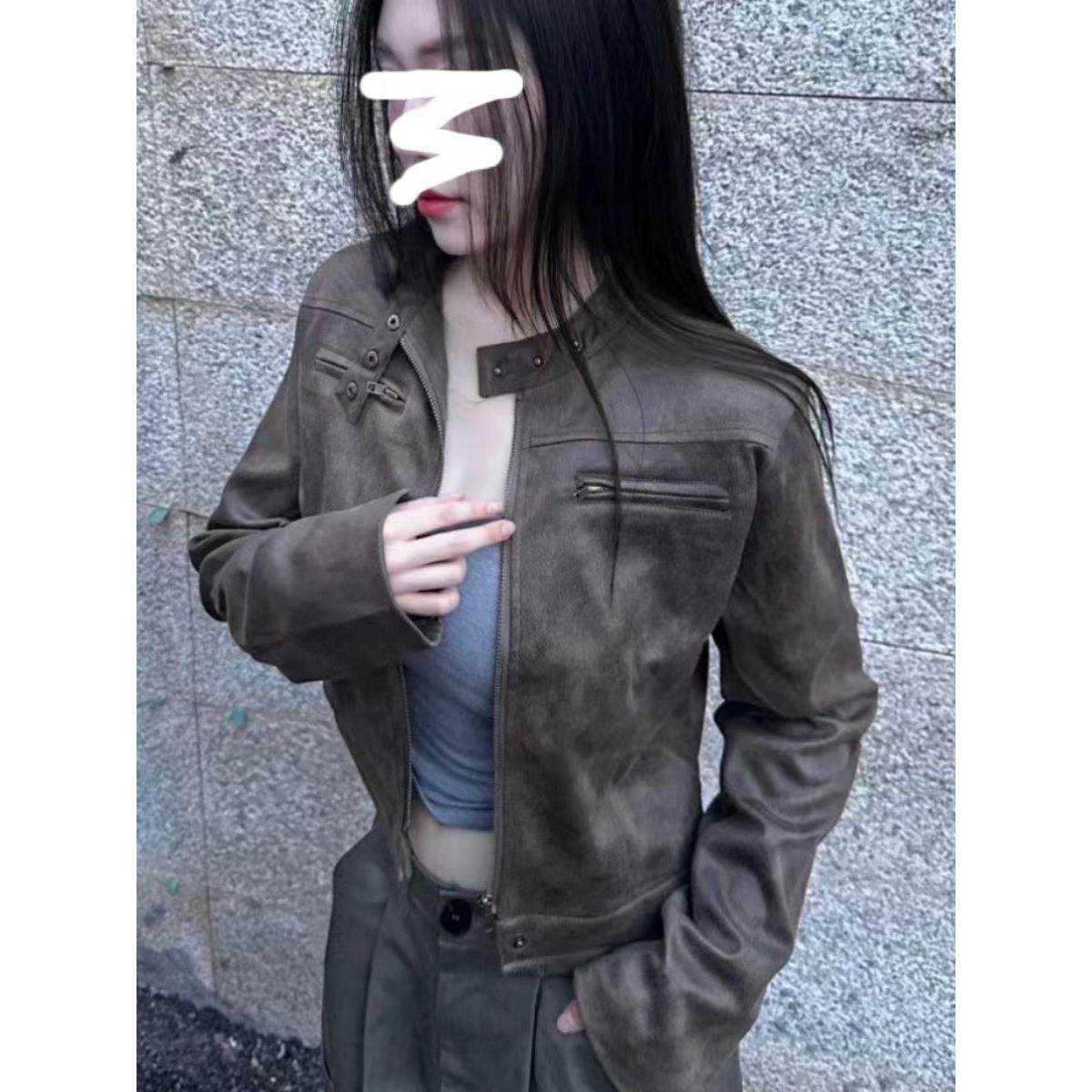 美式复古做旧咖啡色短款夹克外套2026春季新款辣妹百搭立领PU皮衣,女装/女士精品,短外套,淘宝优惠券,粉丝福利购,淘宝优惠卷