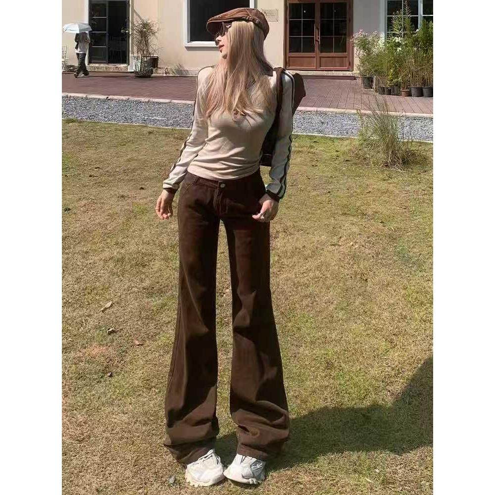 棕咖色微喇牛仔裤女小个子春秋新款不贴腿高腰宽松显瘦拖地阔腿裤,女装/女士精品,牛仔裤,淘宝优惠券,粉丝福利购,淘宝优惠卷