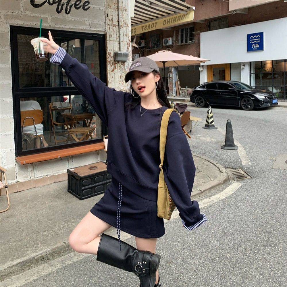 现货条纹披肩叠穿韩系宽松长袖卫衣高腰抽绳半身裙女早秋两件套,女装/女士精品,时尚套装,淘宝优惠券,粉丝福利购,淘宝优惠卷