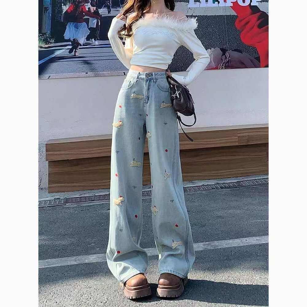 美式复古卡通腊肠狗刺绣阔腿牛仔裤女2025春季新款高腰显瘦长裤子