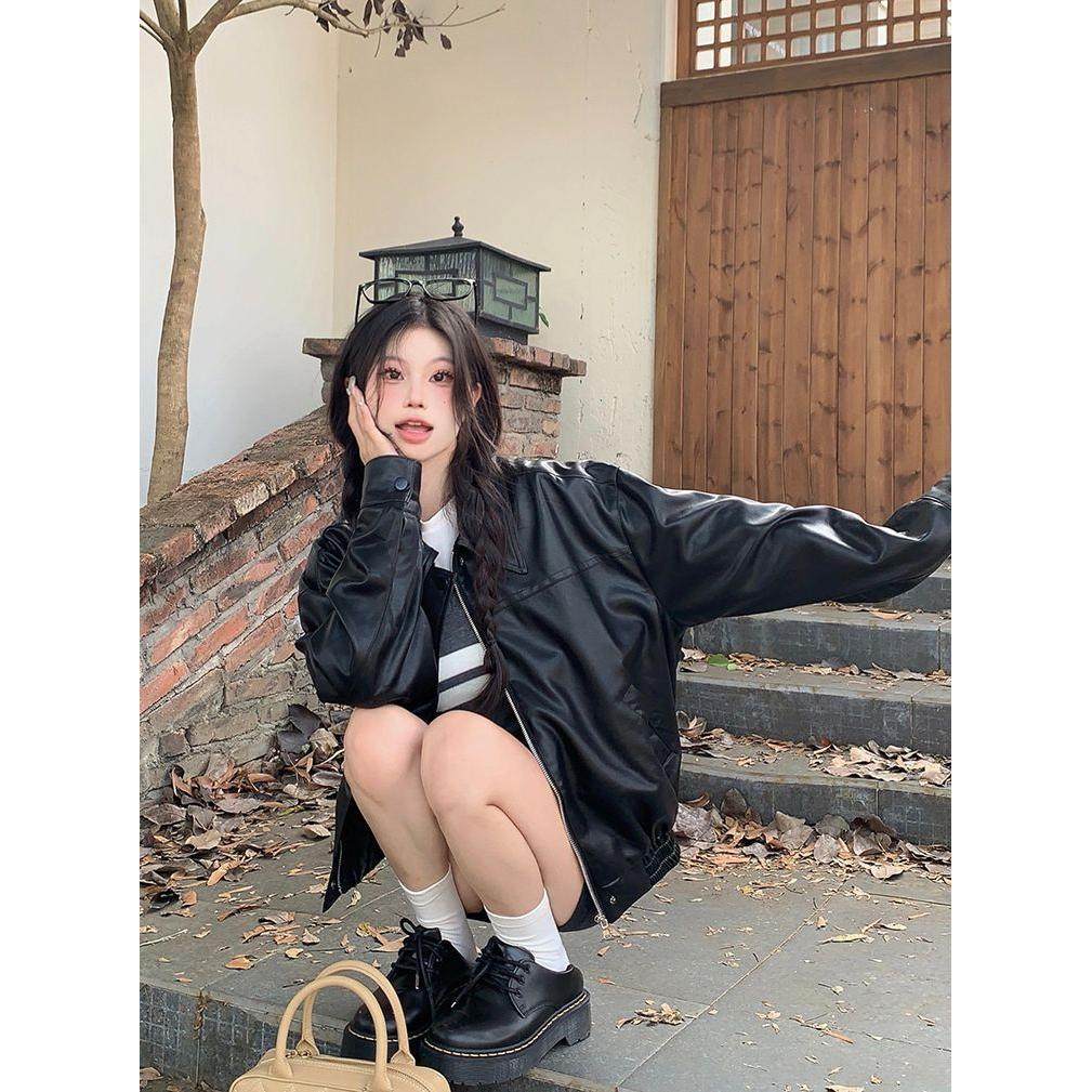 高级感美式复古PU皮长袖外套女秋季宽松显瘦气质咖色夹克机车服,女装/女士精品,皮衣,淘宝优惠券,粉丝福利购,淘宝优惠卷