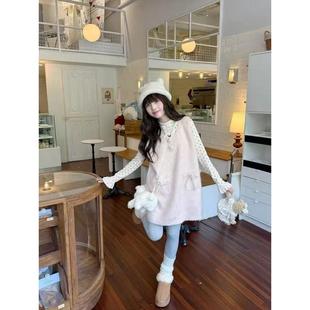 奶fufu可爱甜美套装女春秋小个子波点打底衫粉色背心连衣裙两件套