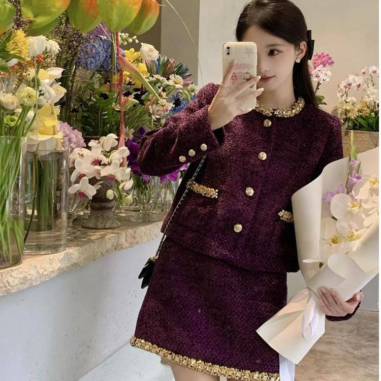 2025年秋千金紫色小香风套装裙女高级感短外套气质名媛两件套,女装/女士精品,时尚套装,淘宝优惠券,粉丝福利购,淘宝优惠卷