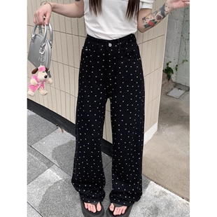 黑色花点休闲裤女夏季新款高腰大码胖mm宽松显瘦梨形身材阔腿裤子