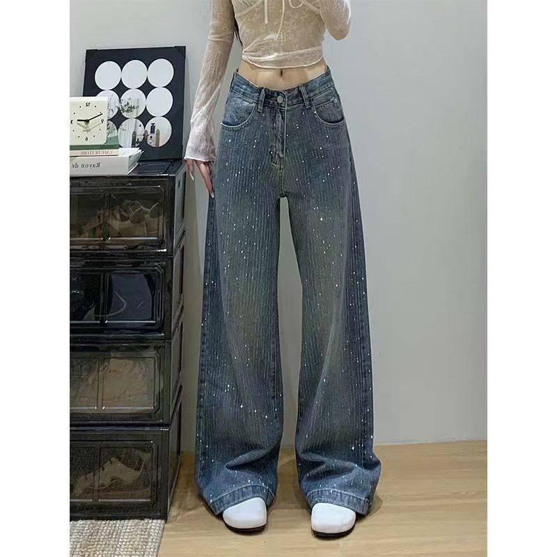 美式满天星烫钻直筒牛仔裤女2026春秋季高腰宽松阔腿拖地长裤
