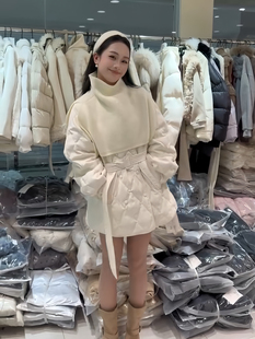 十三行2025夏季洋气围脖系带收腰显瘦收腰菱形格羽绒服外套女