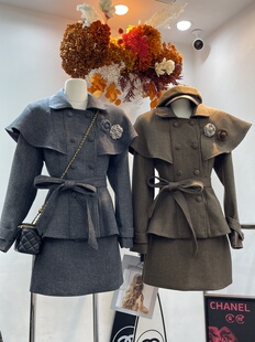 外套半裙套装 十三行2025秋季 气质千金名媛斗篷山茶花系带收腰西装