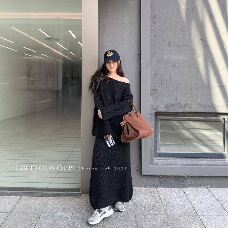 TTOO VOUIS冬季2395加厚保暖斜肩露肩毛衣松毛织半身长裙两件套女