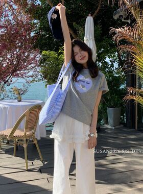 SUSAN2026夏上新韩版爱心蝴蝶结短袖T恤圆领小个子百搭休闲MT311