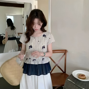 苏珊SUSAN 小清新2026夏季新款竖条纹刺绣短袖小衫百搭上衣Y329H