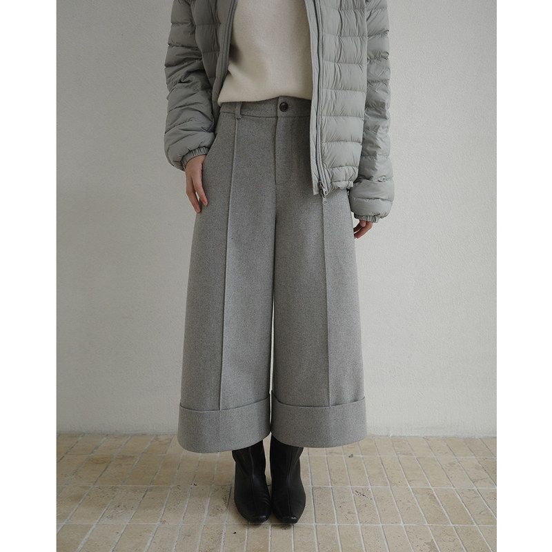 EVERTRUE 2025秋冬新款羊毛阔腿裤女九分裤垂感高腰宽卷边裤93742