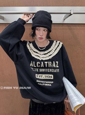 十三行FISHYU冬季新款韩货复古字母印花蕾丝花边拼接卫衣女25737