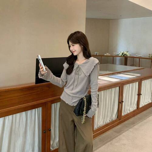 苏珊SUSAN 韩系大翻领系带坑条修身气质显瘦针织衫女T089H