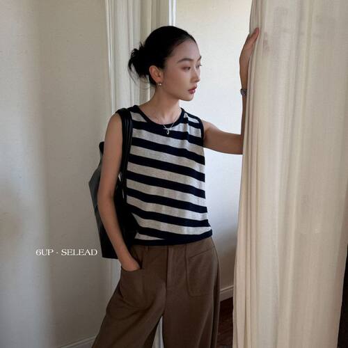 6UP早秋韩系无袖撞色条纹毛衣背心休闲小个子叠穿针织衫13行61158