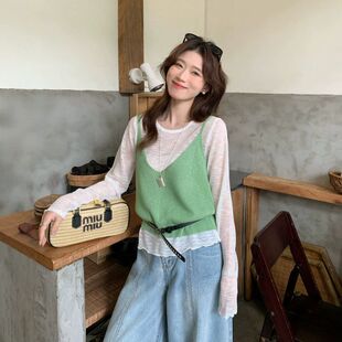 SUSAN 韩版甜美百搭长袖T恤配吊带背心两件套2026新款上衣2887S