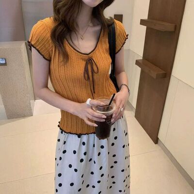 苏珊SUSAN 小香风蝴蝶结撞色针织衫女2026夏季新款修身上衣5603S