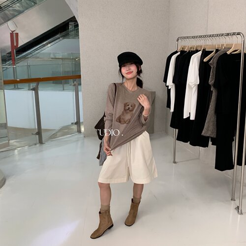 奶思家 Nice Studio-秋上新显瘦弹力图案印花宽松长袖T恤女12336