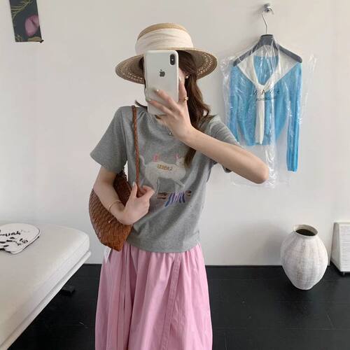 SUSAN 2026夏季短袖T恤圆领套头卡通猫咪印花韩版上衣女SI95