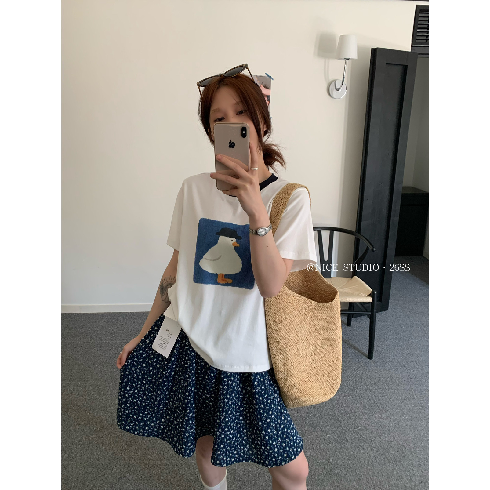 奶思家NICE STUDIO-2026夏季新款鸭子印花撞色领短袖T恤女L8822-9